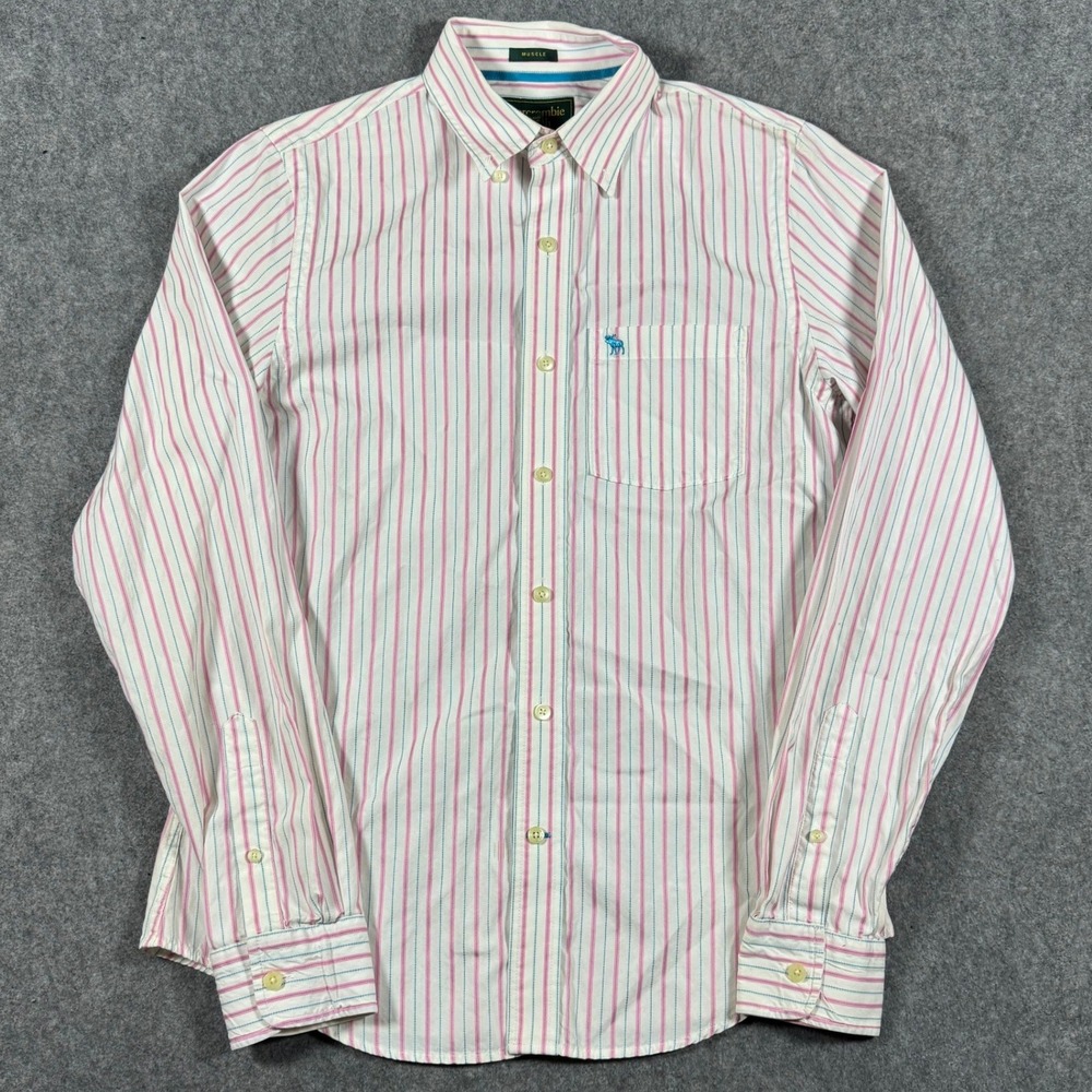 Vintage Abercrombie & Fitch Shirt Mens M White Pink Striped Muscle Long Sleeve